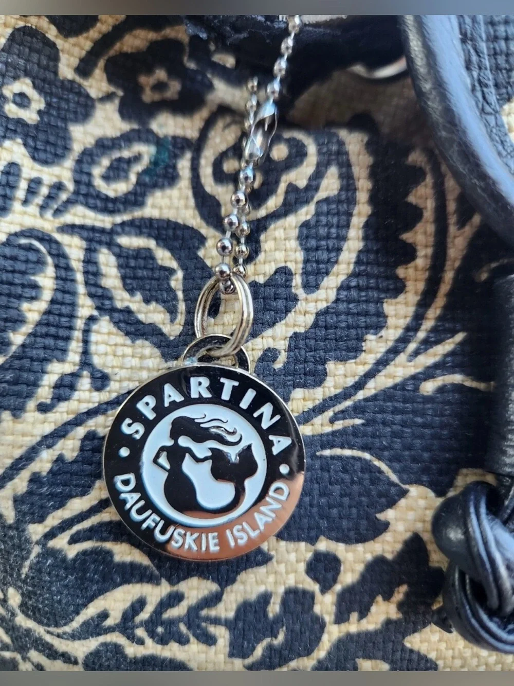 Spartina 449 linen/leather mini backpack black/natural cream damask pattern